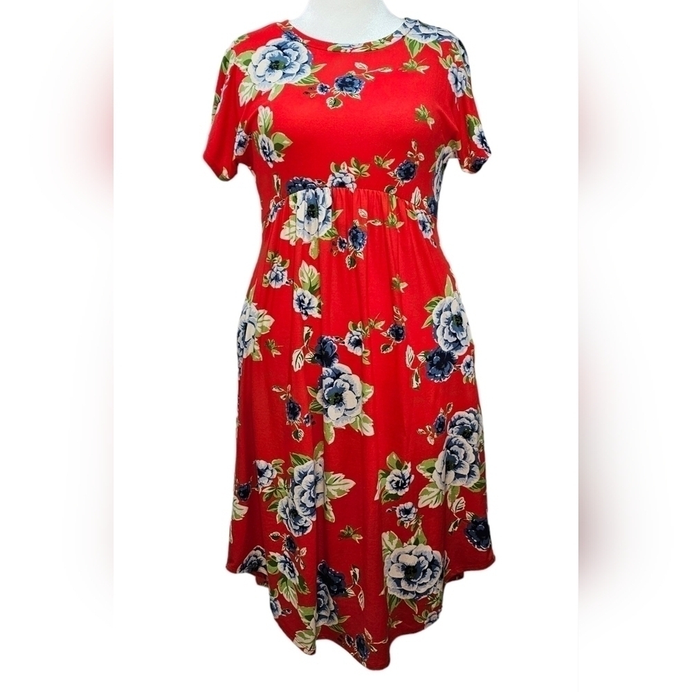 Reb & J 220 Maxi Knit Dress Size M Blue and Green Floral Print Red Background